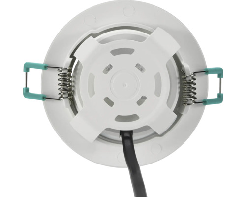 Achteraanzicht van een ronde witte LED inbouwspot van kunststof met klemveren en kabel.