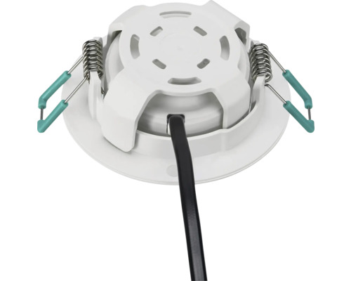 LED inbouwspot achteraanzicht met metalen montageveren en zwarte aansluitkabel.