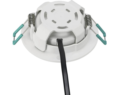 Achteraanzicht van een ronde witte LED inbouwspot met montageveren met groene kappen aan de zijkant en een zwarte aansluitkabel.