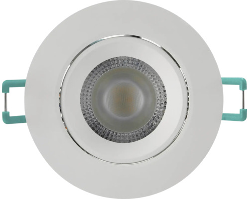 Ronde LED-inbouwspot met witte behuizing en zilverkleurige binnenring.