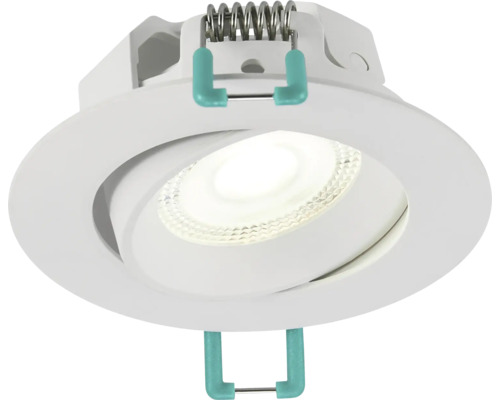 Kantelbare LED-inbouwspot met ronde witte omlijsting en montageveren.