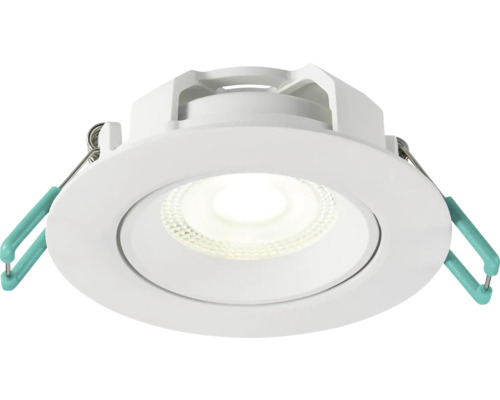 Ronde LED inbouwspot met montageklemmen aan de zijkanten voor plafondinstallatie.