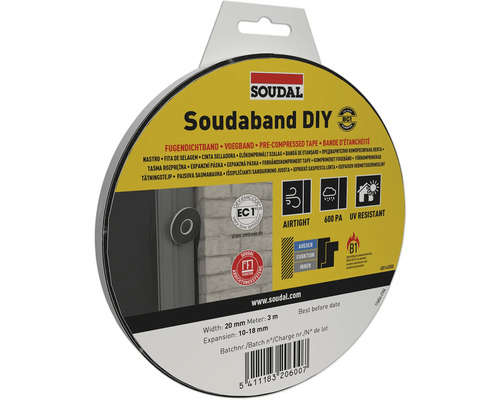 Soudal Logo, Soudaband DIY voegband, breedte 20 millimeter, lengte 3 meter, uitzetbereik 10 tot 18 millimeter, UV-bestendig en luchtdicht.