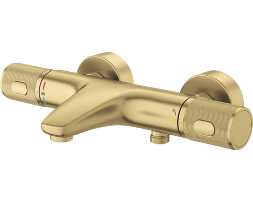 Grohe thermostaatkraan voor bad in geborsteld goud met twee gestructureerde grepen voor wandmontage.