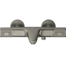 Grohe thermostatische badkraan met gekartelde grepen, markering voor 38 graden, doucheaansluiting en Grohe Logo.