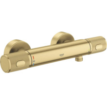 Grohe thermostaat douchemengkraan van geborsteld metaal voor wandmontage met gekartelde grepen en veiligheidsblokkering bij 38 graden.