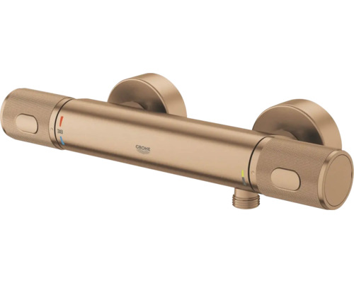 Grohe thermostaatkraan voor de douche in geborstelde look met gekartelde grepen en 38 graden temperatuurbegrenzing.