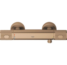 Grohe douchethermostaat met gekartelde grepen, wandmontage, geborstelde afwerking, temperatuurinstelling 38 graden.