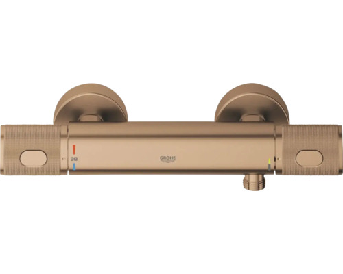 Grohe douchethermostaat met gekartelde grepen, wandmontage, geborstelde afwerking, temperatuurinstelling 38 graden.