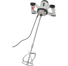 Powerplus verf- en mortelmenger met twee handgrepen en een mengstaaf voor verf en mortel.