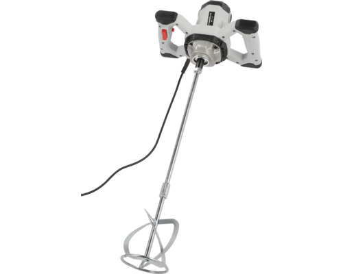 Powerplus verf- en mortelmenger met twee handgrepen en een mengstaaf voor verf en mortel.