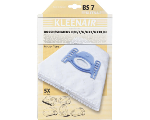 Kleenair stofzuigerzakken BS 7 van microvezel voor Bosch en Siemens modellen, verpakking met 5 stuks en 1 filter.