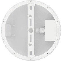 Achterkant van een ronde led-plafondlamp met montagebeugel en kabelaansluiting.