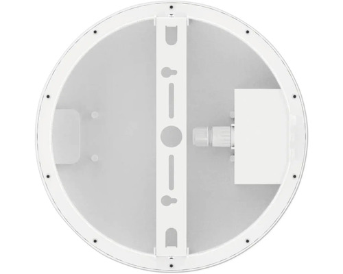 Achterkant van een ronde led-plafondlamp met montagebeugel en kabelaansluiting.