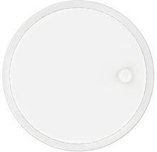 Ronde witte rookmelder met een plat ontwerp en een kleine ronde knop aan de zijkant.