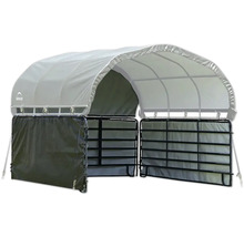 ShelterLogic weidetent met rond dak, metalen frame en zeilwanden voor vee of opslag.