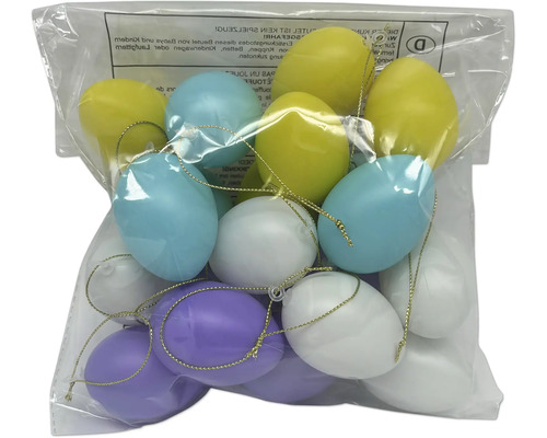 Set van kunststof paaseieren in diverse kleuren met gouden ophangkoorden in een transparante zak.