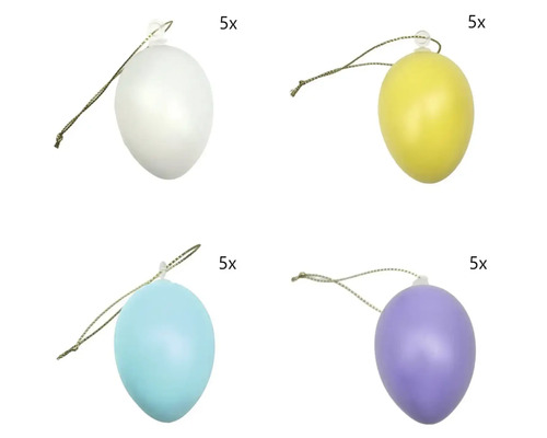 20-delige set plastic paaseieren om op te hangen, telkens 5 stuks in de kleuren wit, geel, blauw en paars.