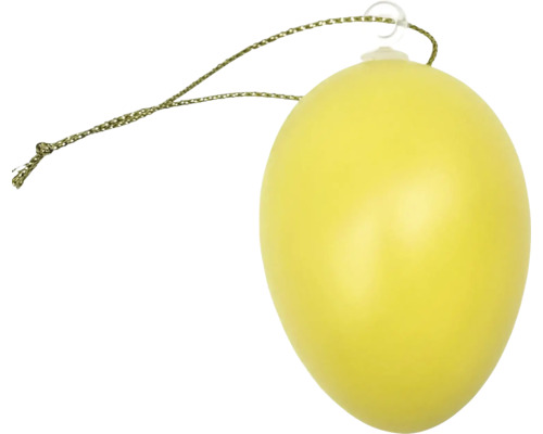 Geel decoratie-ei om op te hangen met een dun koord.