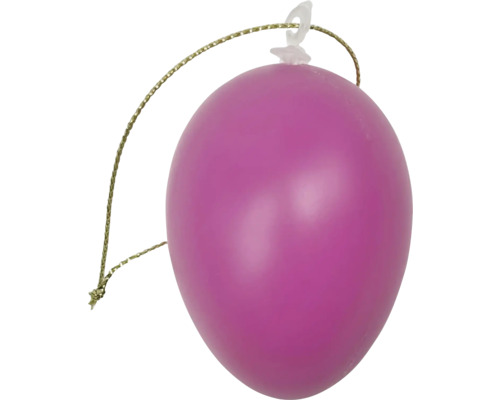Paarse kerstbal in de vorm van een ballon met goudkleurig ophangdraad.