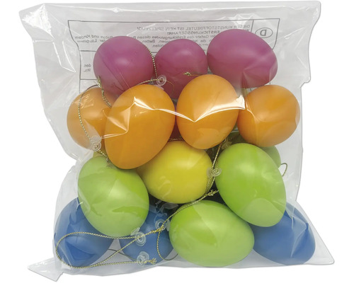 Plastic paaseieren om op te hangen in diverse kleuren met goudkleurige touwtjes in een doorzichtige verpakking.