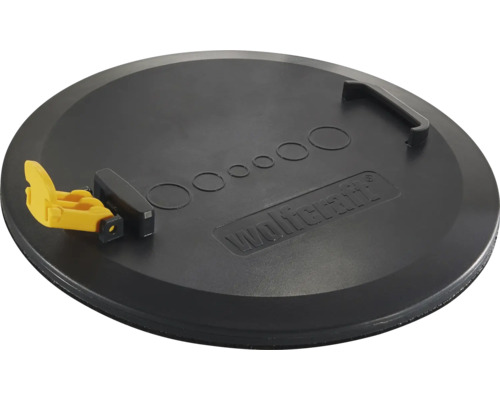 Wolfcraft boorsjabloon voor hollewanddozen van zwarte kunststof met gele spanhendel, handgreep en Wolfcraft Logo.