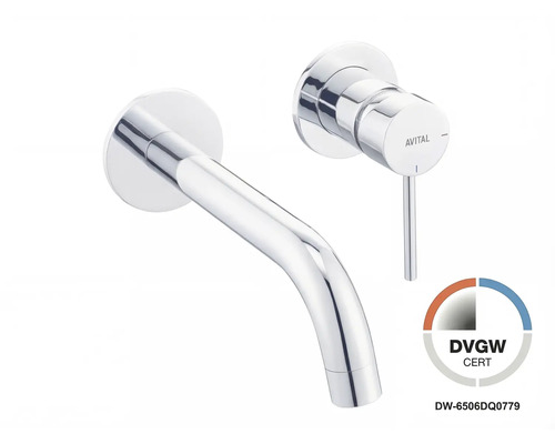 AVITAL wandwastafelkraan, verchroomd, met gebogen uitloop en eenhendelmengkraan, DVGW gecertificeerd.