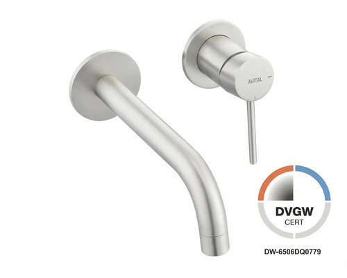 Avital inbouw wastafelkraan in rvs-look geborsteld met aparte uitloop en hendel, DVGW gecertificeerd.