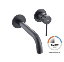 AVITAL wandwastafelkraan in mat zwart, 2-gats armatuur met gebogen uitloop en eenhendelmengkraan, DVGW gecertificeerd.