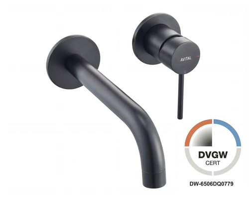 AVITAL wandwastafelkraan in mat zwart, 2-gats armatuur met gebogen uitloop en eenhendelmengkraan, DVGW gecertificeerd.