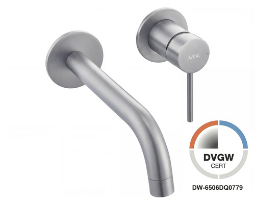 Wandwastafelkraan Avital met uitloop en hendel, roestvrij staal optiek, DVGW gecertificeerd, Avital Logo.