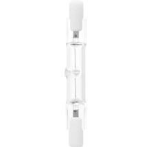 Halogeenstaaf R7s van helder glas met keramische voet en zichtbare gloeidraad.
