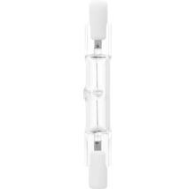Halogeenlamp in staafvorm R7s van helder glas met zichtbare gloeidraad.