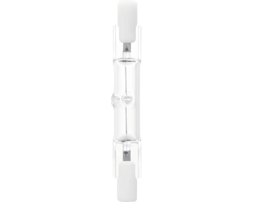 Halogeenlamp in staafvorm R7s van helder glas met zichtbare gloeidraad.