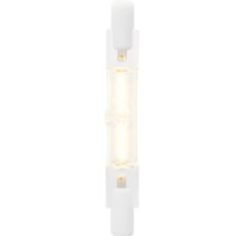 Kleine, heldere halogeen capsulelamp met zichtbare gloeidraad en platte witte contacten.
