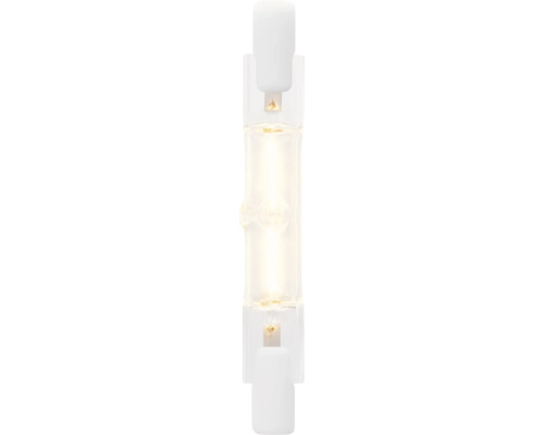 Kleine, heldere halogeen capsulelamp met zichtbare gloeidraad en platte witte contacten.