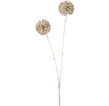 Kunstmatige decoratieve tak met twee bolvormige bloemhoofden met glittereffect.