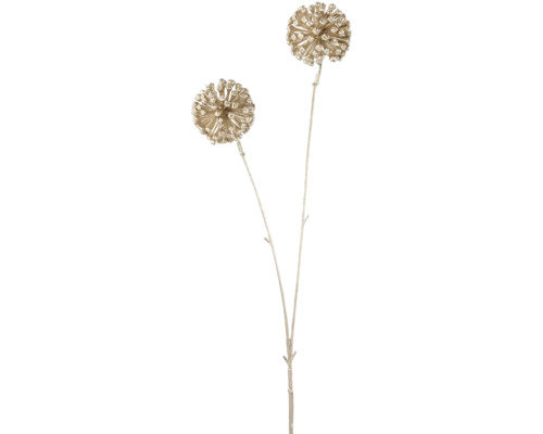 Kunstmatige decoratieve tak met twee bolvormige bloemhoofden met glittereffect.