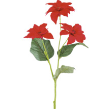 Kunsttak kerstster met drie rode bloemen en groene bladeren.