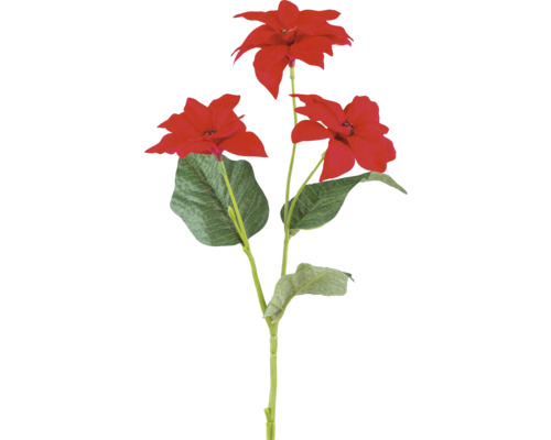 Kunsttak kerstster met drie rode bloemen en groene bladeren.