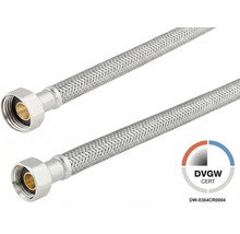 Flexibele aansluitslang van roestvrij staal vlechtwerk en DVGW Logo.