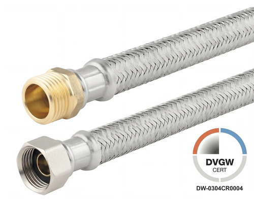 Flexibele aansluitslang van roestvrij staal met DVGW-certificering, een aansluiting met buitendraad van messing en een aansluiting met wartelmoer.