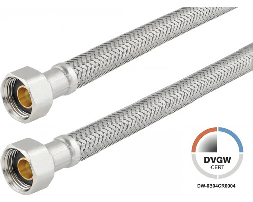 Flexibele roestvrij staal gevlochten slangen met aansluitmoeren en DVGW-certificering.