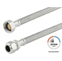 Flexibele aansluitslang van roestvrij staal gevlochten met wartelmoer en knelkoppeling, DVGW gecertificeerd