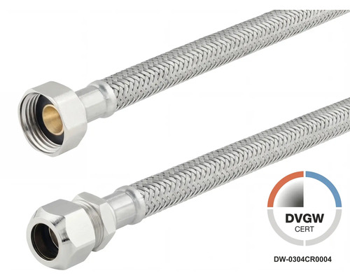 Flexibele aansluitslang van roestvrij staal gevlochten met wartelmoer en knelkoppeling, DVGW gecertificeerd