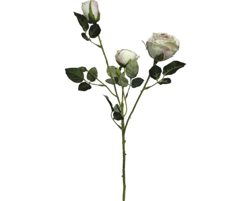 Kunstroos tak met drie crèmekleurige bloemen en groene bladeren.