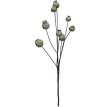 Kunstmatige decoratietak met groene papaverbollen aan bruine stengels.