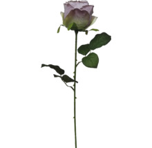 Kunstroos met lange groene steel, groene bladeren en lavendelkleurige bloem.
