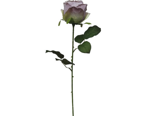 Kunstroos met lange groene steel, groene bladeren en lavendelkleurige bloem.
