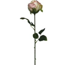 Kunstroos in crème en roze met lange steel en groene bladeren, kunstbloem voor decoratie.
